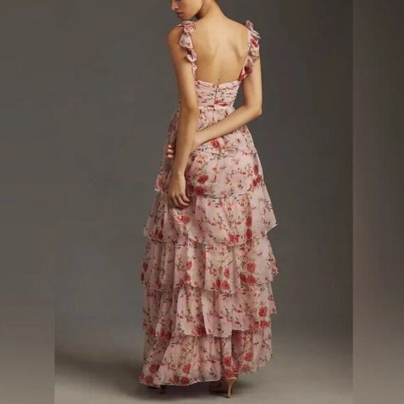 Mac Duggal 55816 Womens Pink Ruffled Sleeveless Draped Tiered Floral Print Gown - Picture 3 of 15